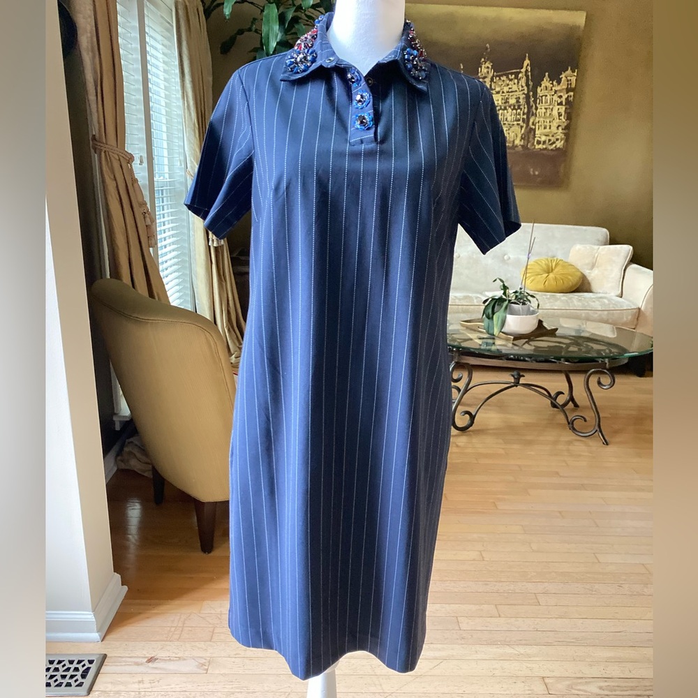 Banana Republic Navy Pinstriped Jeweled Collar Shift Dress. Size petite XS